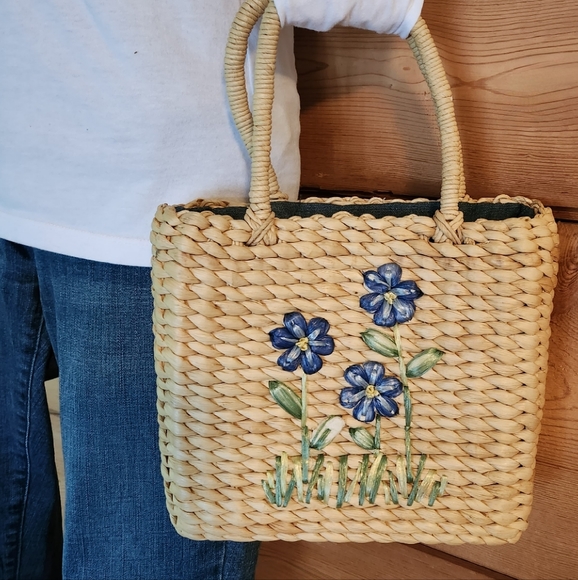 unbranded Bags Vintage Small Woven Straw Tote Bag With Blue Fabric